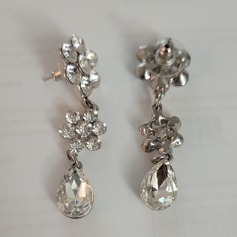 Silver Floral Crystal Drop Earrings